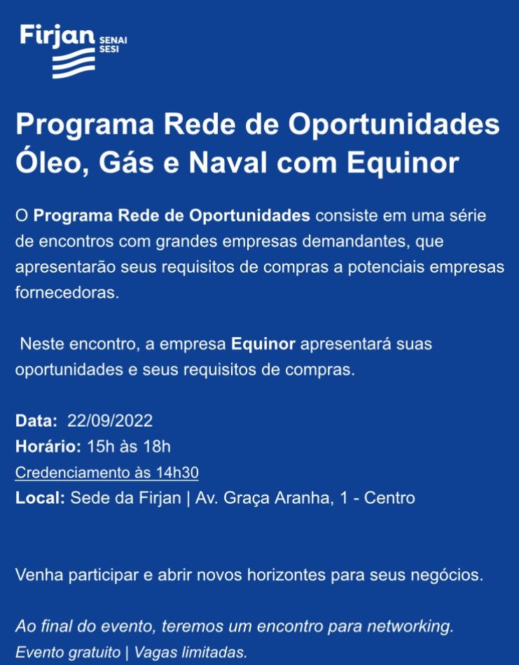 Read more about the article Programa Rede de Oportunidades Óleo, Gás e Naval com Equinor